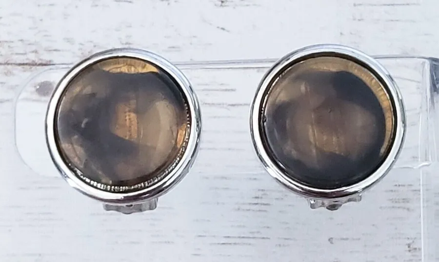 Vintage Clip On Earrings Brown with Silver Tone Halo Just Over 0.75"