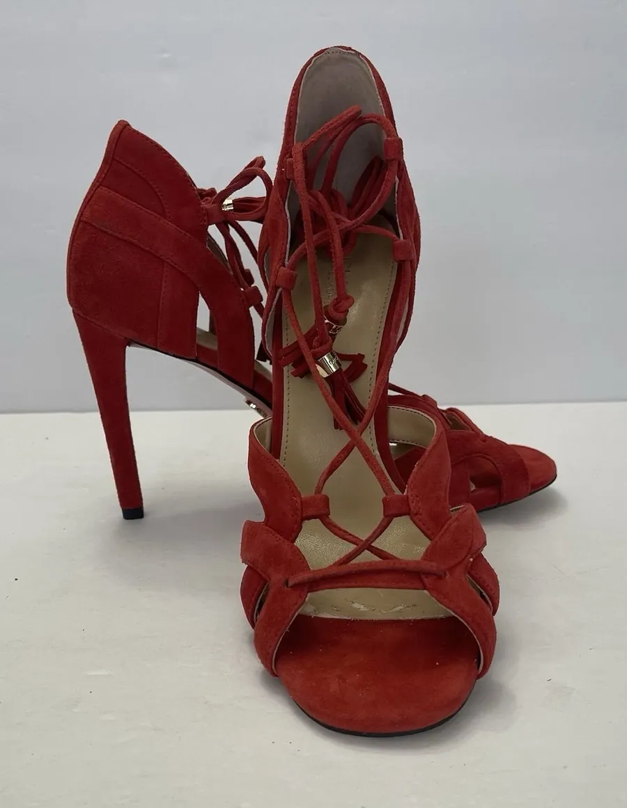 Michael Kors Mirabel Red Suede Lace Up Heel Sandal Womens 8M Strappy Event