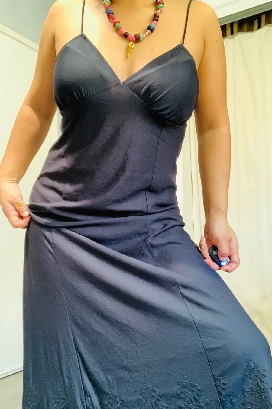 ZARA Maxi Slip Chemise M Dark Anthracite Embroidered Hem Night Gown Gothic