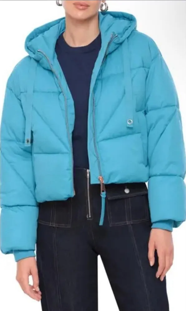 Avec Les Filles Cropped Puffer Jacket S Hooded Larimar Blue NWT Nordstrom