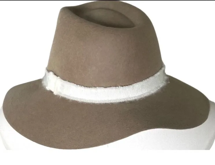 Wide Brim Rancher Fedora Hat Tan Wool Felt White Band Boho Western OS Tan