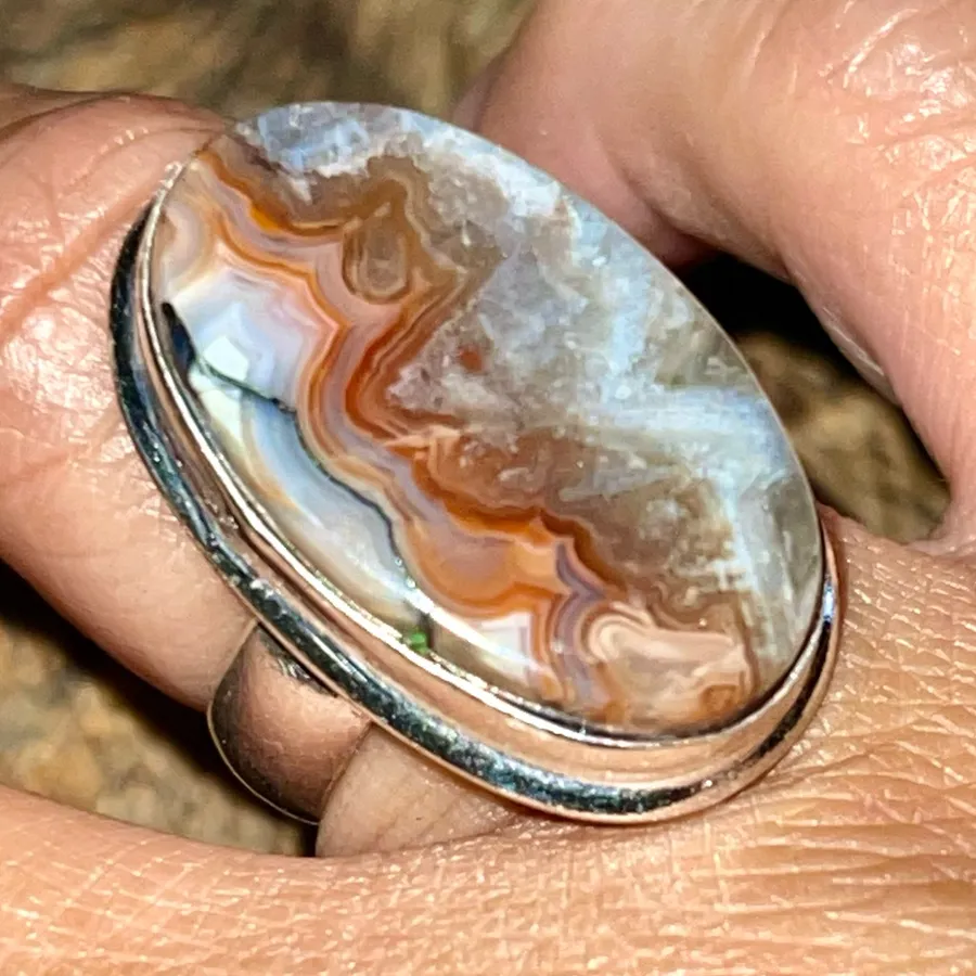 Crazy Lace Agate Ring Size 7 1/2 White
