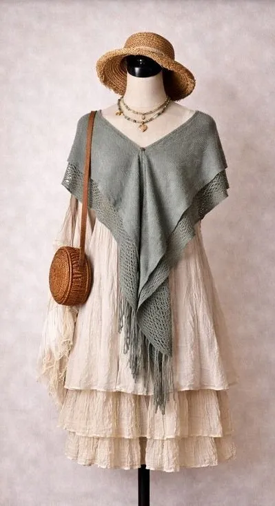 Chloe Boho Knit Fringe Poncho Wrap Women OS Gray Mesh Shawl Capelet V-Neck