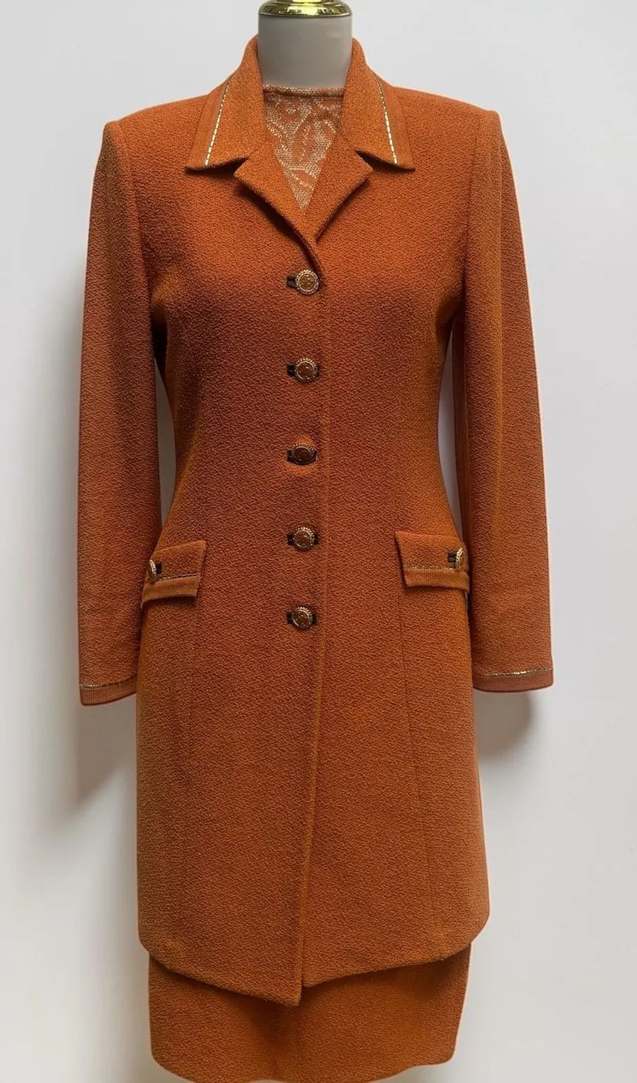 St. John Collection 3-Piece Skirt Suit 8 Orange Textured Knit Embellished