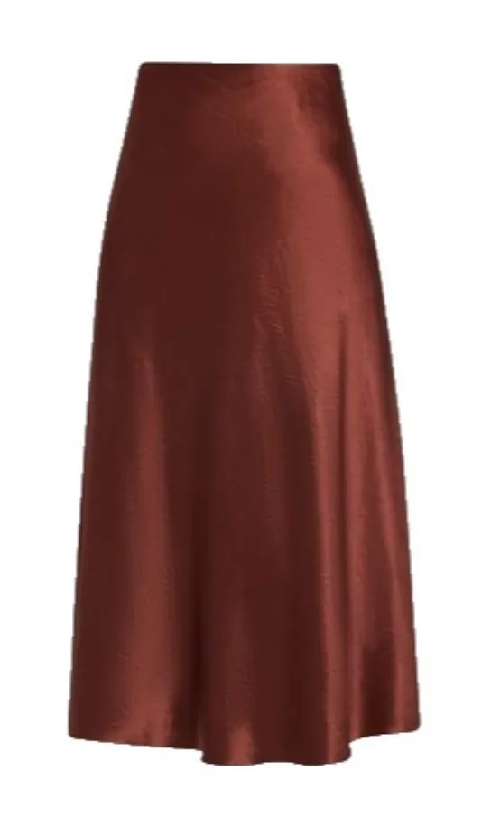 NWT Vince Satin Bias Slip Midi in Brown A-line Skirt L $325