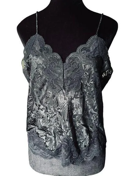 90s Black Satin Silky Lace Goth Romantic Lingerie Intimate Cropped Cami Slip Top Size M