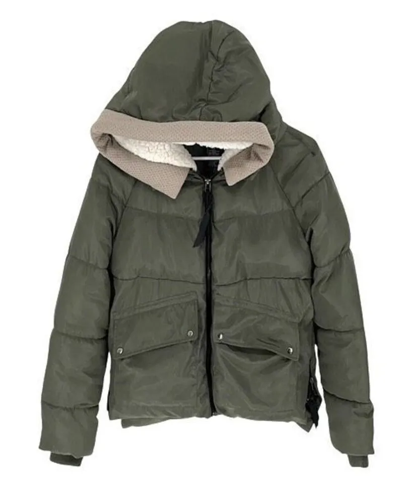 Francesca’s Anna Cai Womens Sydney Full Zip Hoodie Puffer Jacket Green Medium Green