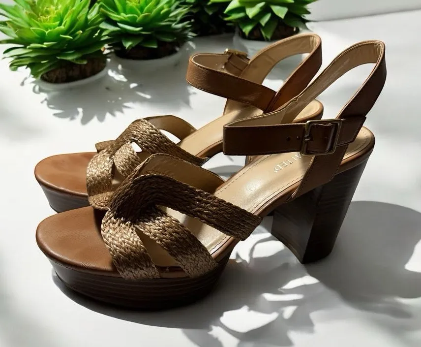 The Limited Platform Sandals Brown 8.5 M Womens Block Heel Woven Ankle Strap