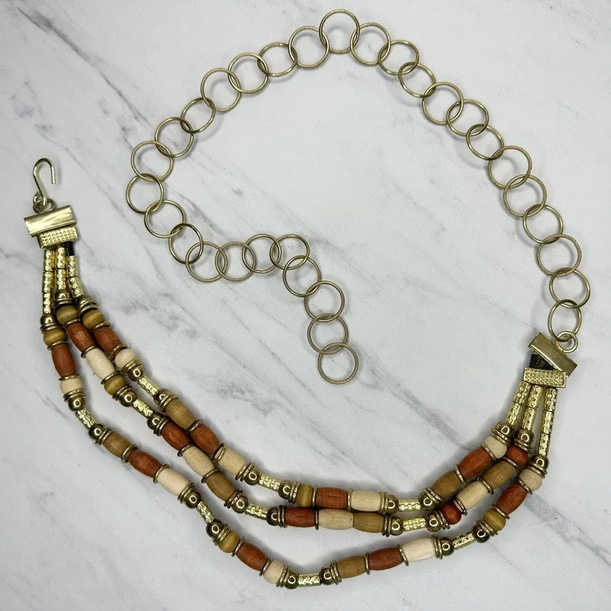 Vintage Womens Wood Bead Gold Tone Chain Belt Multi Strand Hook Clasp One Size ✨
