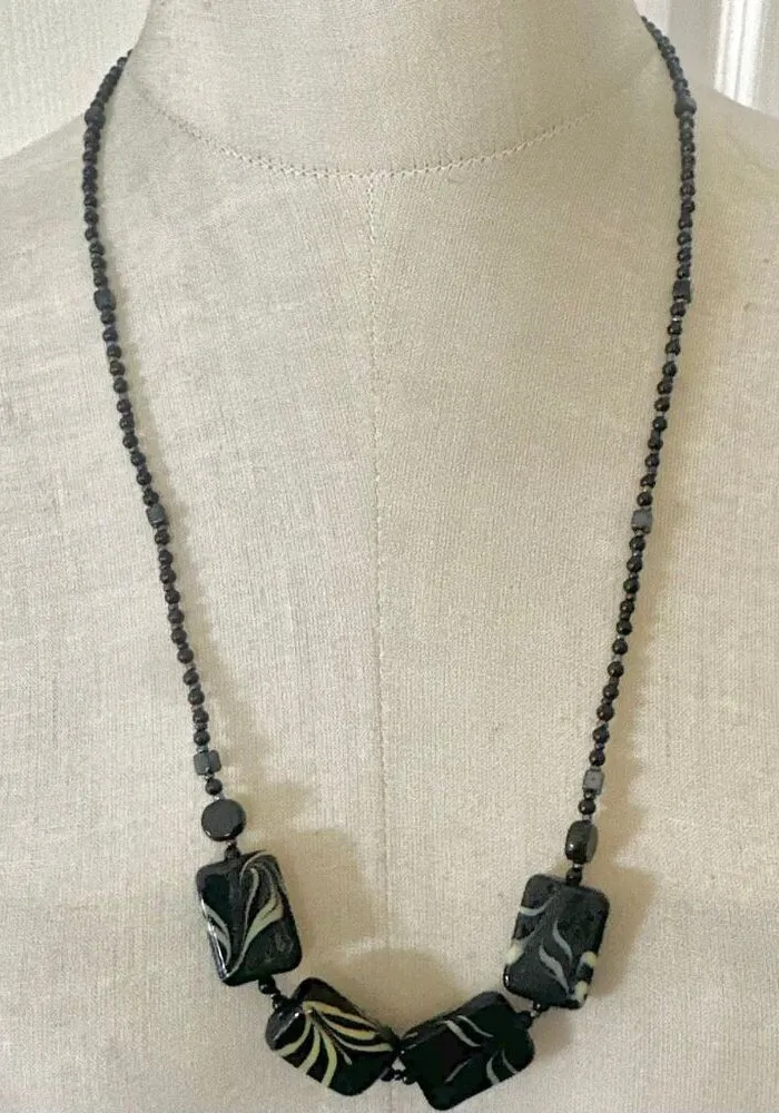Handmade Black Lampwork Glass Swirl Beaded Necklace