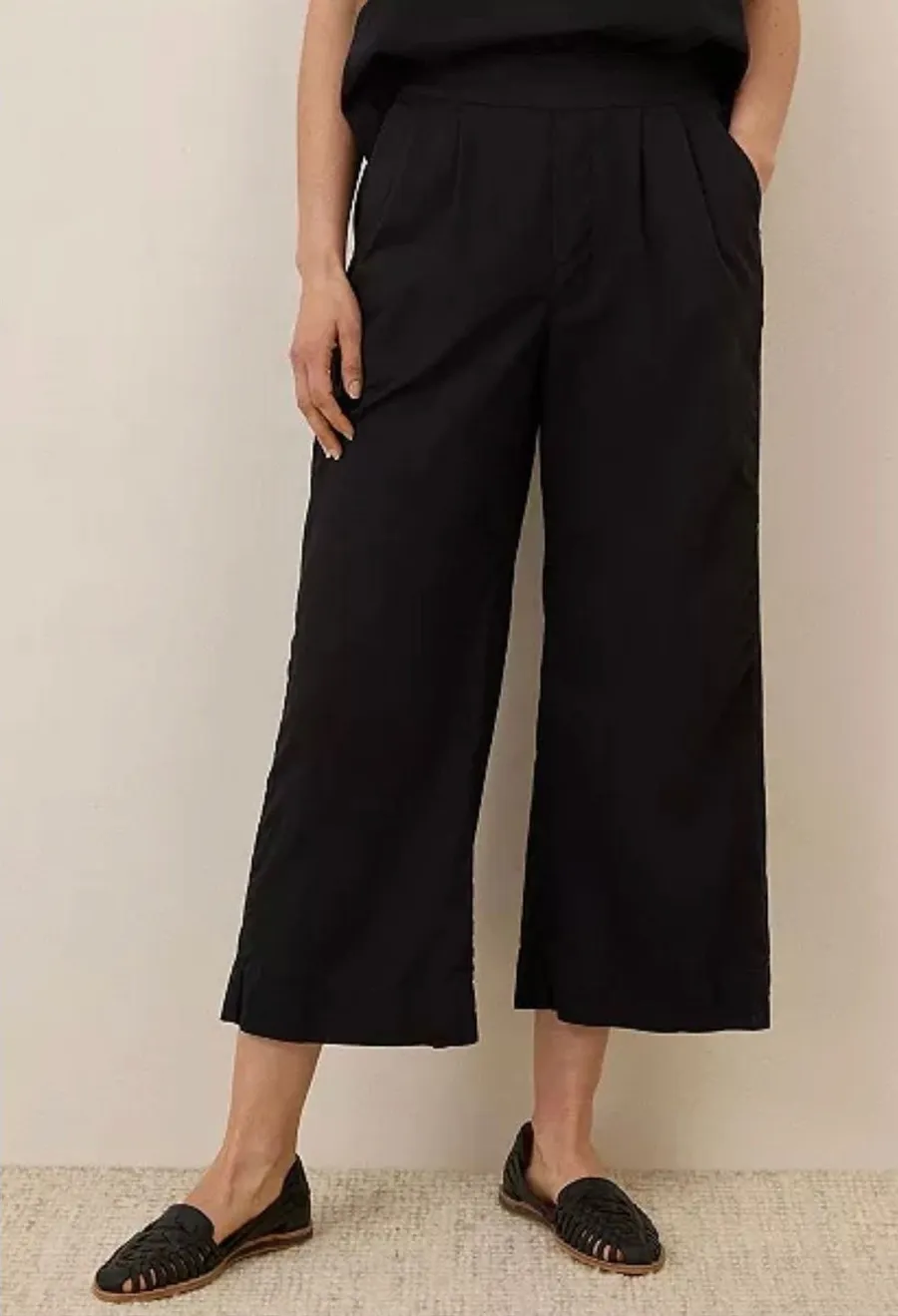 Pact Organic Cotton Linen Canopy Pleated Trouser Black Wide Leg Crop XS