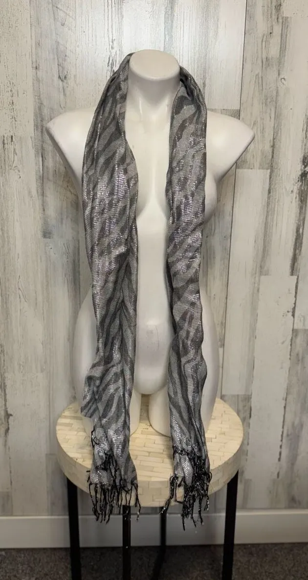 Zebra Print Metallic Fringe Scarf Silver Grey Shimmer Animal Print One Size Gray