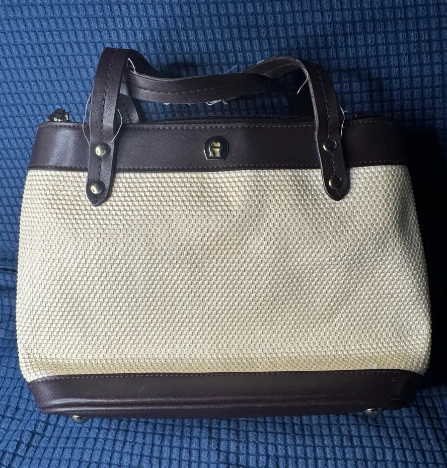 Etienne Aigner Woven Classic Cream and Brown Tote Bag