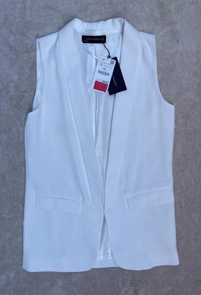 NWT Zara White Sleeveless Blazer Vest Wedding Summer Tuxedo Smoking Classic S