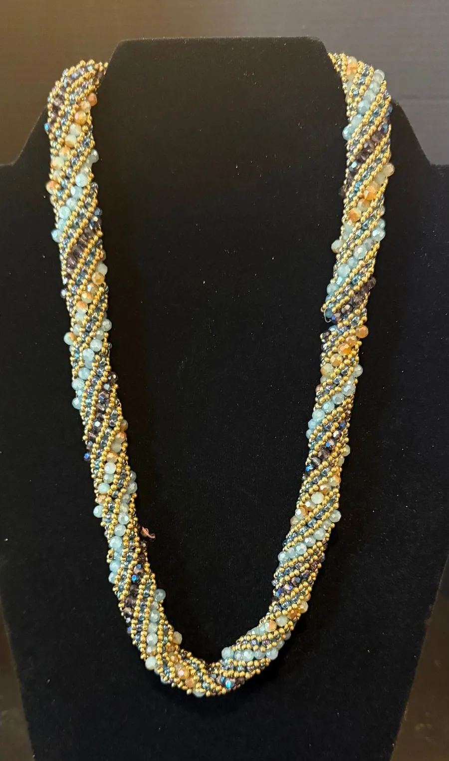 Handmade 22" Beaded Rope Necklace Blue Gold Spiral Statement Toggle Clasp Artsy
