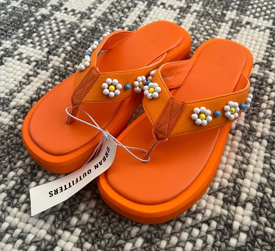 Urban Outfitters Orange UO Embellished Thong Sandal Slides Shoes Summer Pool