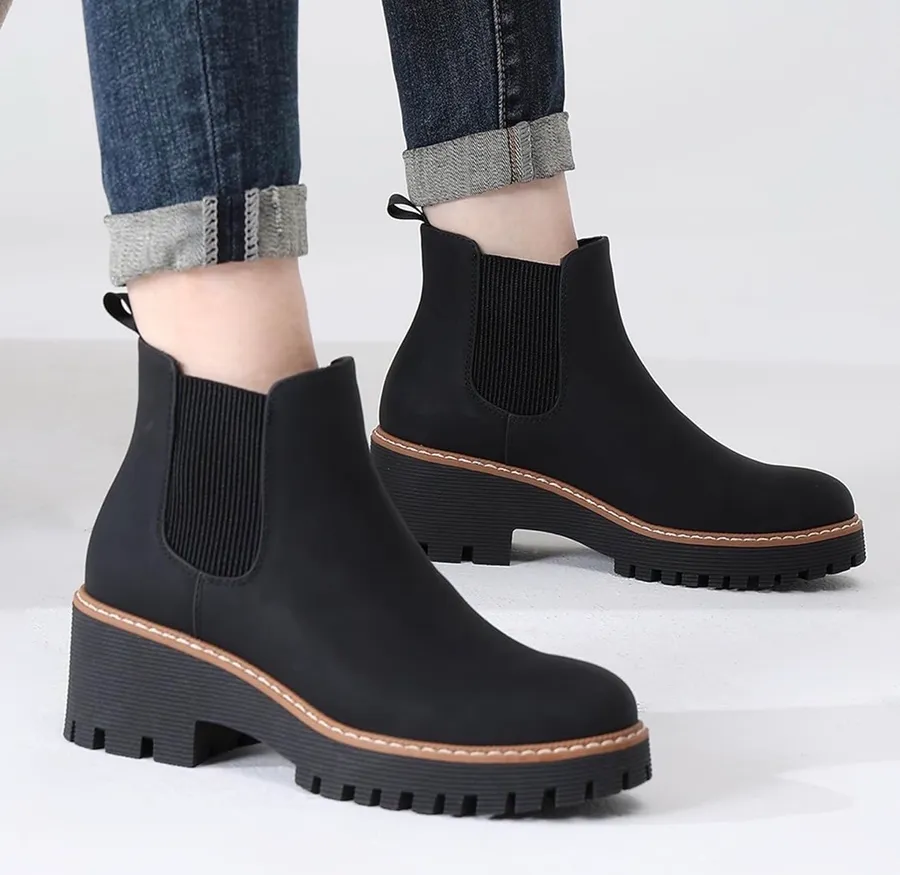 DECARSDZ Women’s Chunky Platform Chelsea Vegan Leather Classic Style Ankle Boots Black Size 6