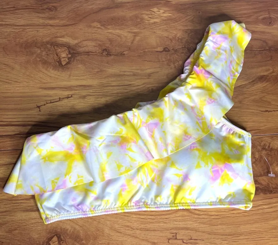 Phax Swimwear Bikini Top Sz M One Shoulder Ruffle Yellow Pink White NEW Size M