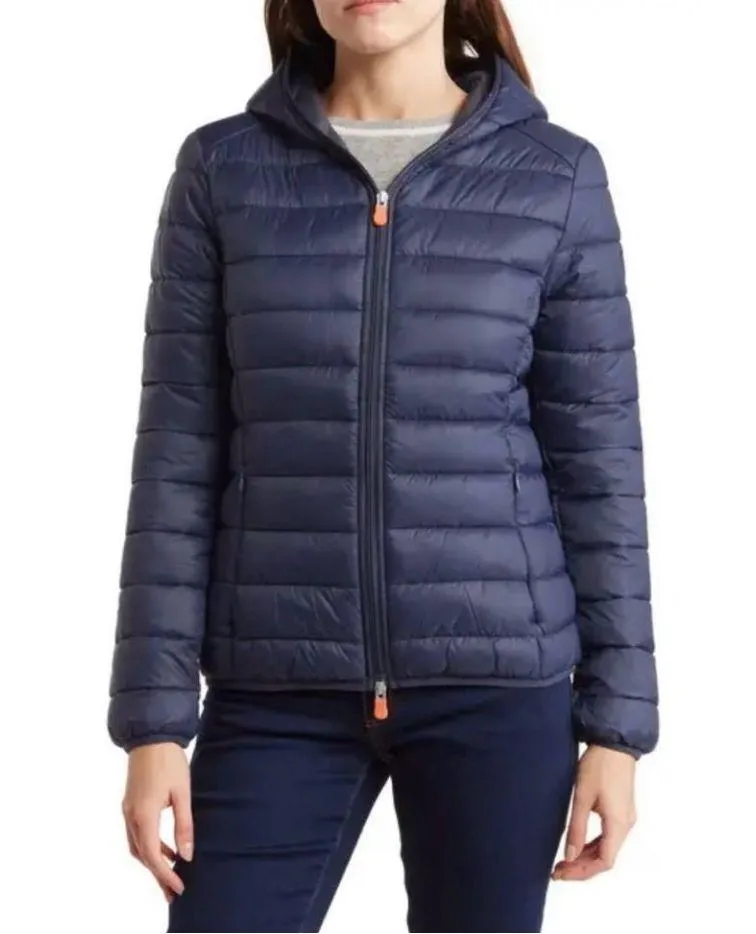SAVE THE DUCK Navy Daisy Packable Puffer Hoodie Ultra Light Jacket Size Large Blue
