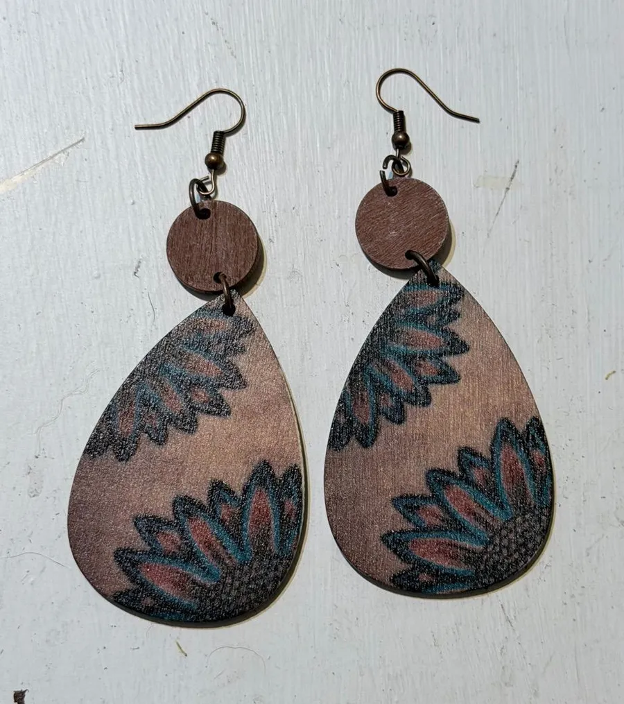 Wood Teardrop Floral Earrings in Brown and Teal boho dangle