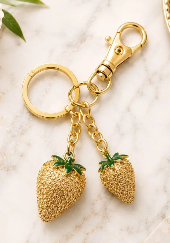 Strawberry Charm Keychain Gold and Green
