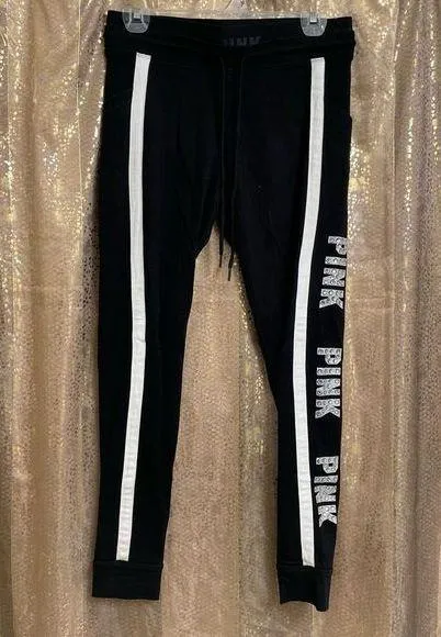 PINK Victorias Secret Black White Rhinestone Bling Joggers, Medium