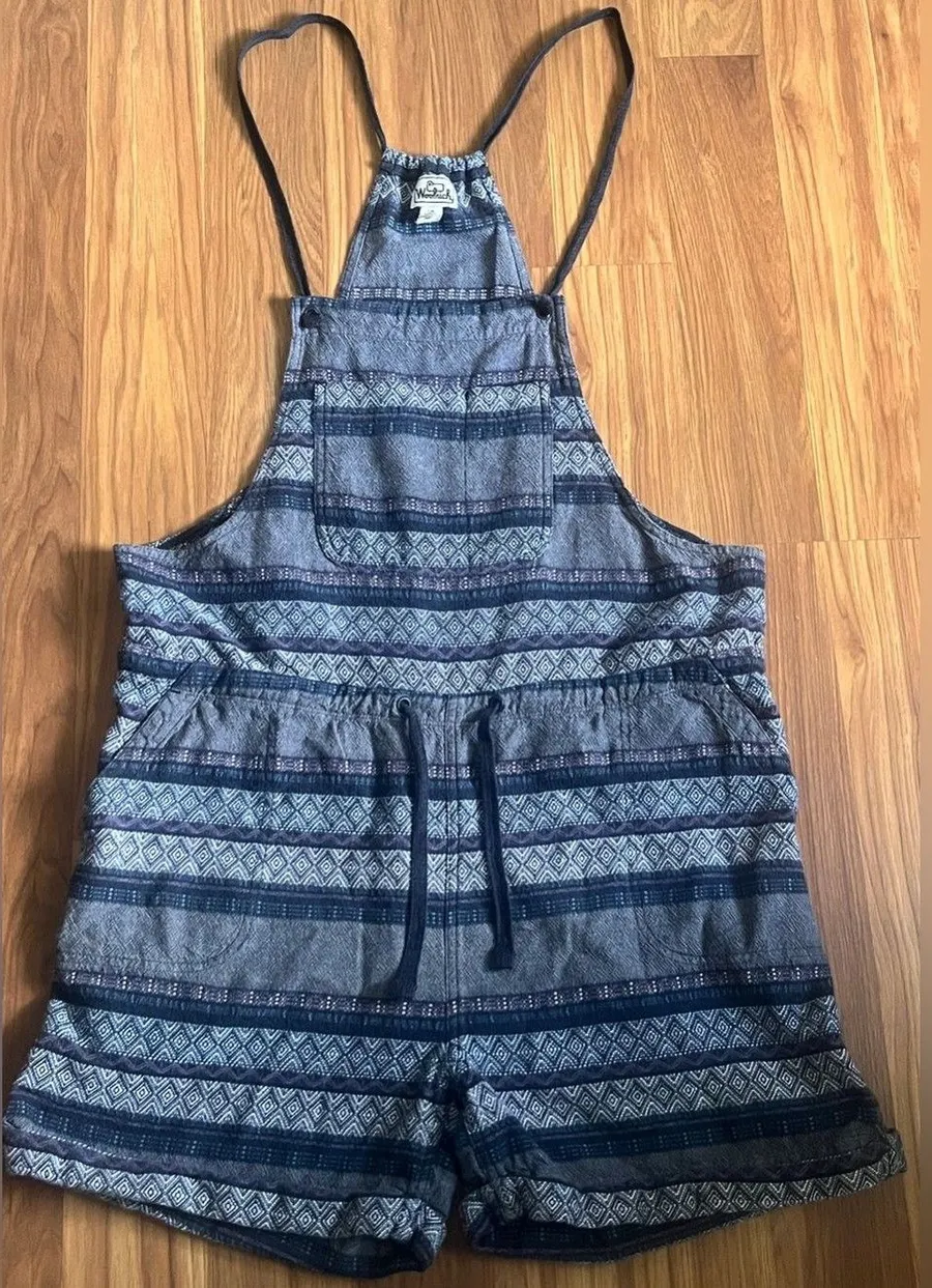 Woolrich Eco Rich Jacquard Overalls Romper Blue Aztec Boho Organic Cotton L