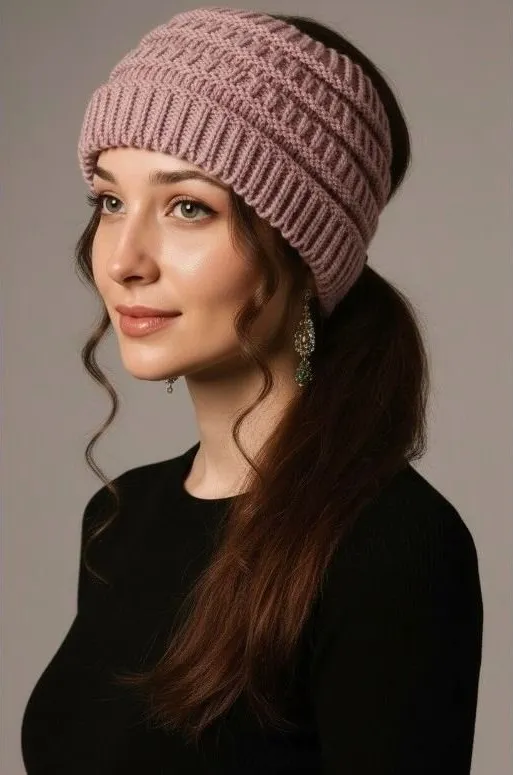 Cozy Knit Open Crown Ponytail Winter Hat Mauve Pink Messy Bun NWT