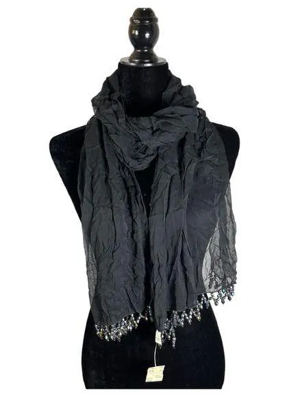 Sterling Styles Contempo Casuals Vintage Black Scarf Iridescent Bead Fringe NEW