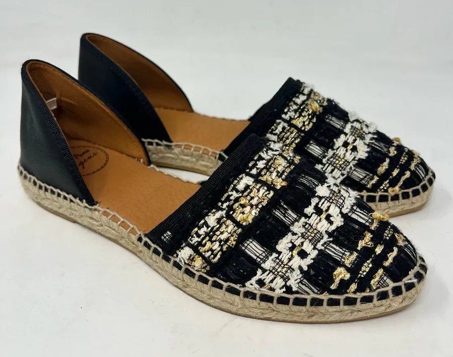 Toni Pons Olga Tweed Espadrille Flats Black Gold Leather Spain EU 37 US 6.5