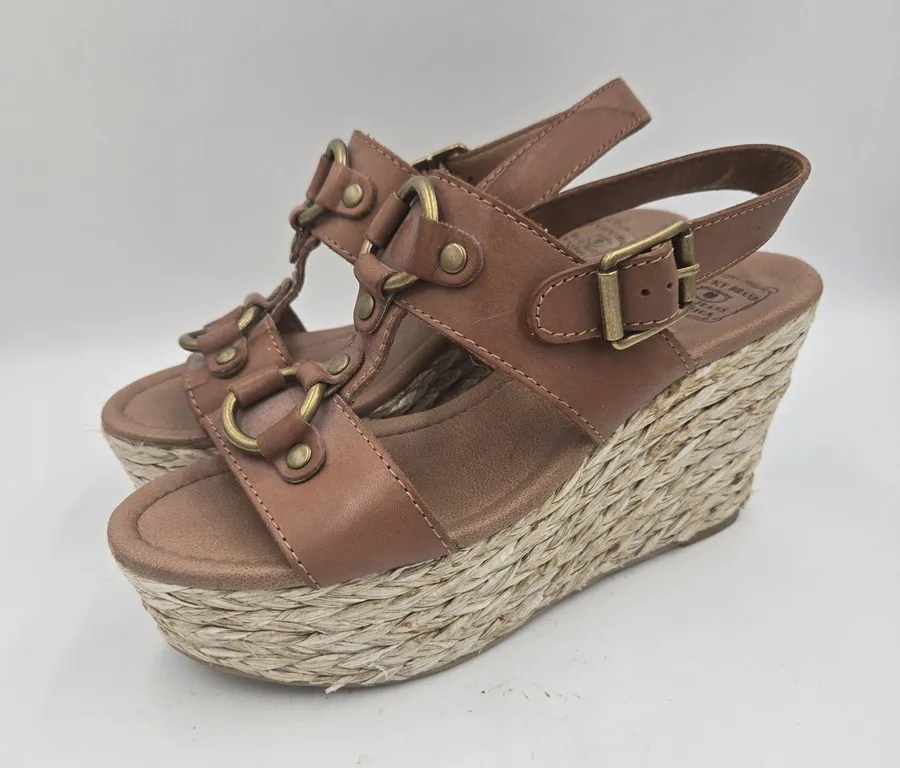 LUCKY BRAND REBA Leather Designer Espadrille Wedge Platform Sandals Size 8.5 M