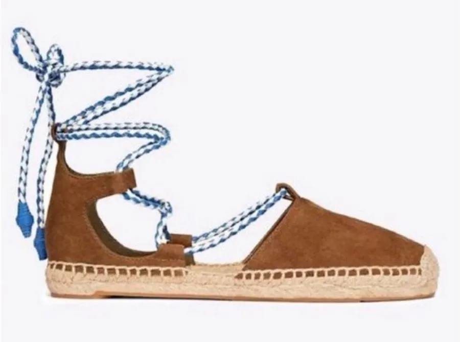 Tory Burch Positano Cognac Brown Suede Woven Lace-Up Espadrilles – Size 5 – NWOB