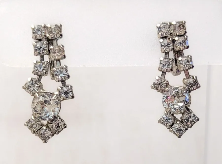 Vintage Screw On Earrings Clear Gem Dangle Drop