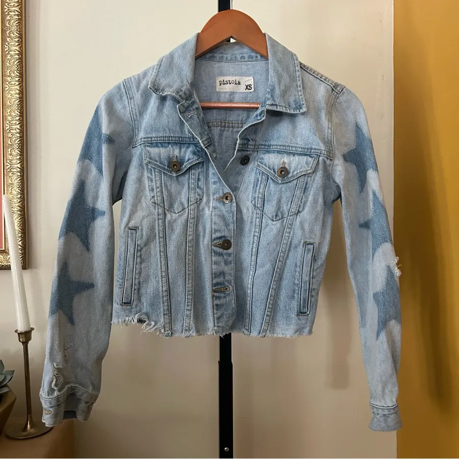 Pistola Star Jean Jacket Denim Cropped Light Wash Distressed Raw Hem Size XS