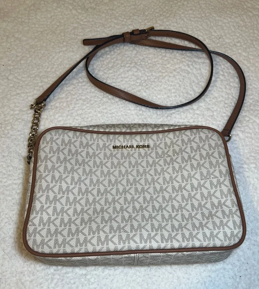 Michael Kors East West Logo Crossbody in Vanilla and Brown Trim