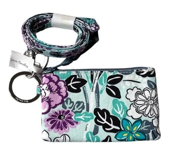 Vera Bradley Penelope’s Garden Lighten Up Zip ID Case and Lanyard Blue Purplw