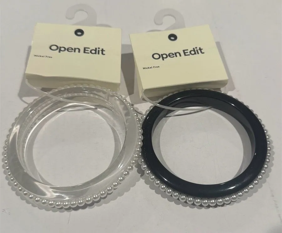 Open Edit $40 Nordstrom Bangle Bracelet Set of 2 Clear Black Pearl Trim gift