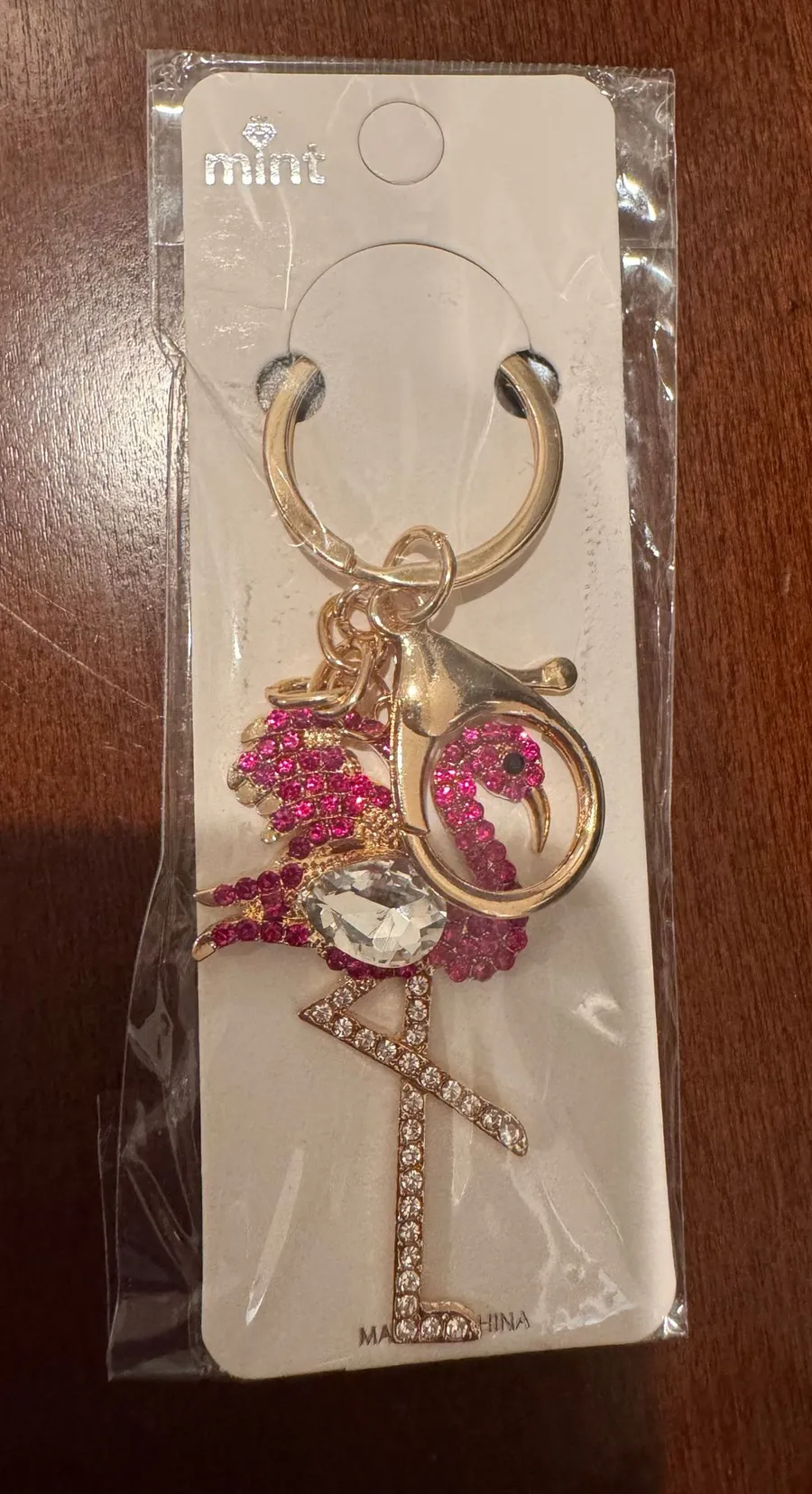 Pink Crystal Flamingo Keychain in Gold Tone