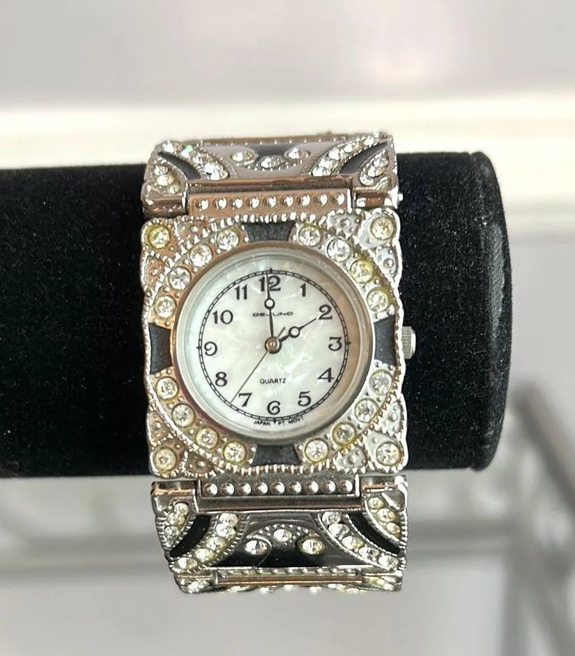 Vintage Dejuno Art Deco silver and black sparkly wide metal quartz watch