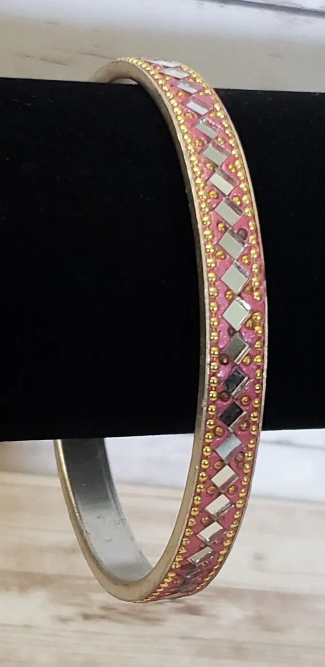 Vintage Bracelet / Bangle 8.5" Pink Glitter with Mirrored Detail