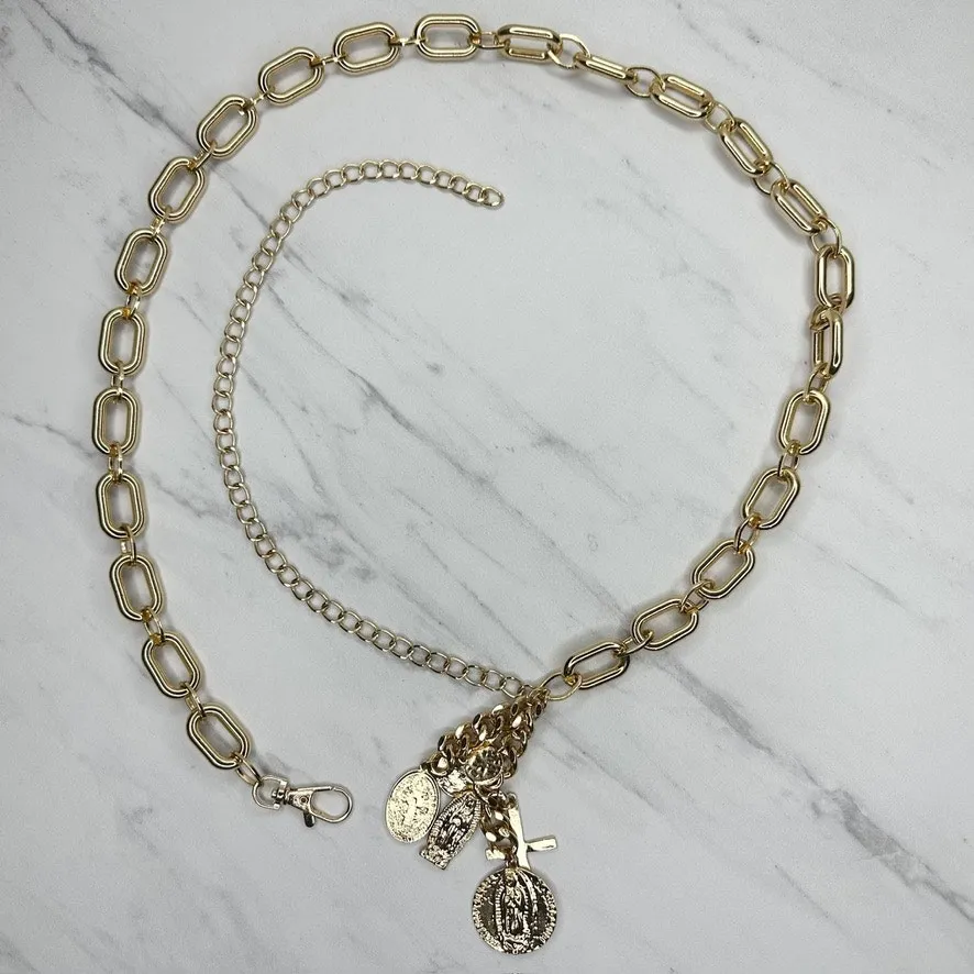 Chunky Religious Charm Chain Link Belt One Size (OS) Gold Tone Y2K ✨