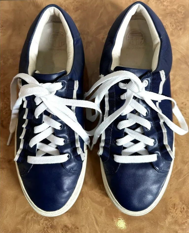 Tory Burch Tory Sport Ruffle Sneakers Navy Blue Leather Women's Size 10M