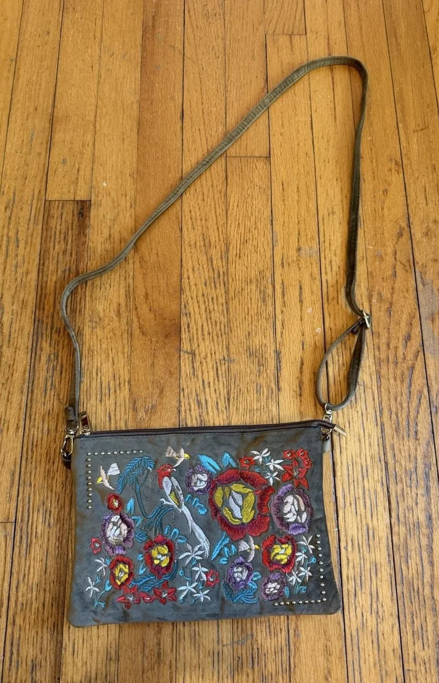 Women's Velvet Boho Crossbody Small Gray Floral Embroidered