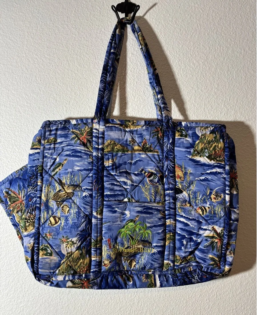 St. Thomas U.S.V.I. Tote Bag Blue Tropical Embroidered w/ Companion Pouch GJC