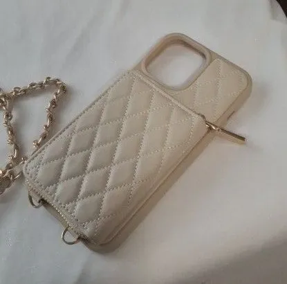 Cream Quilted Phone Case With Crossbody Chain Strap & Chain wrislet Iphone 14 Pr Gold