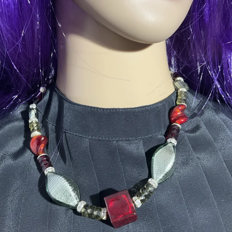 Murano Glass Beaded Necklace Red Silver Black Vintage Ars Cenedese Italy 18in