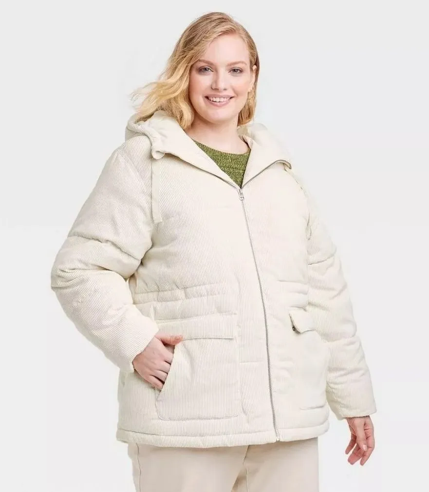 Universal Thread Womens Warmest Hooded Corduory Puffer Jacket Ivory 1X