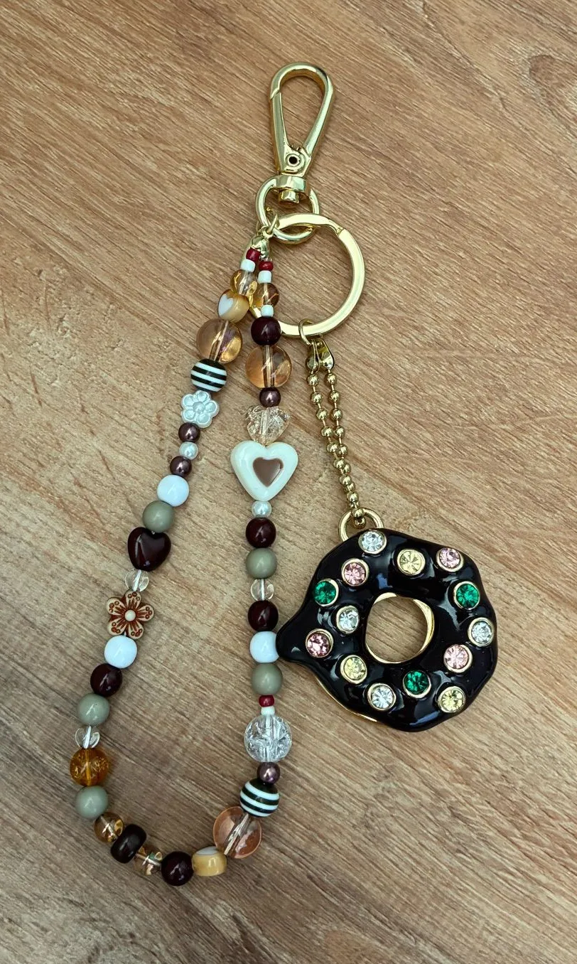 Donut Gem And Beaded Heart Wristlet Keychain Bag Charm Gold