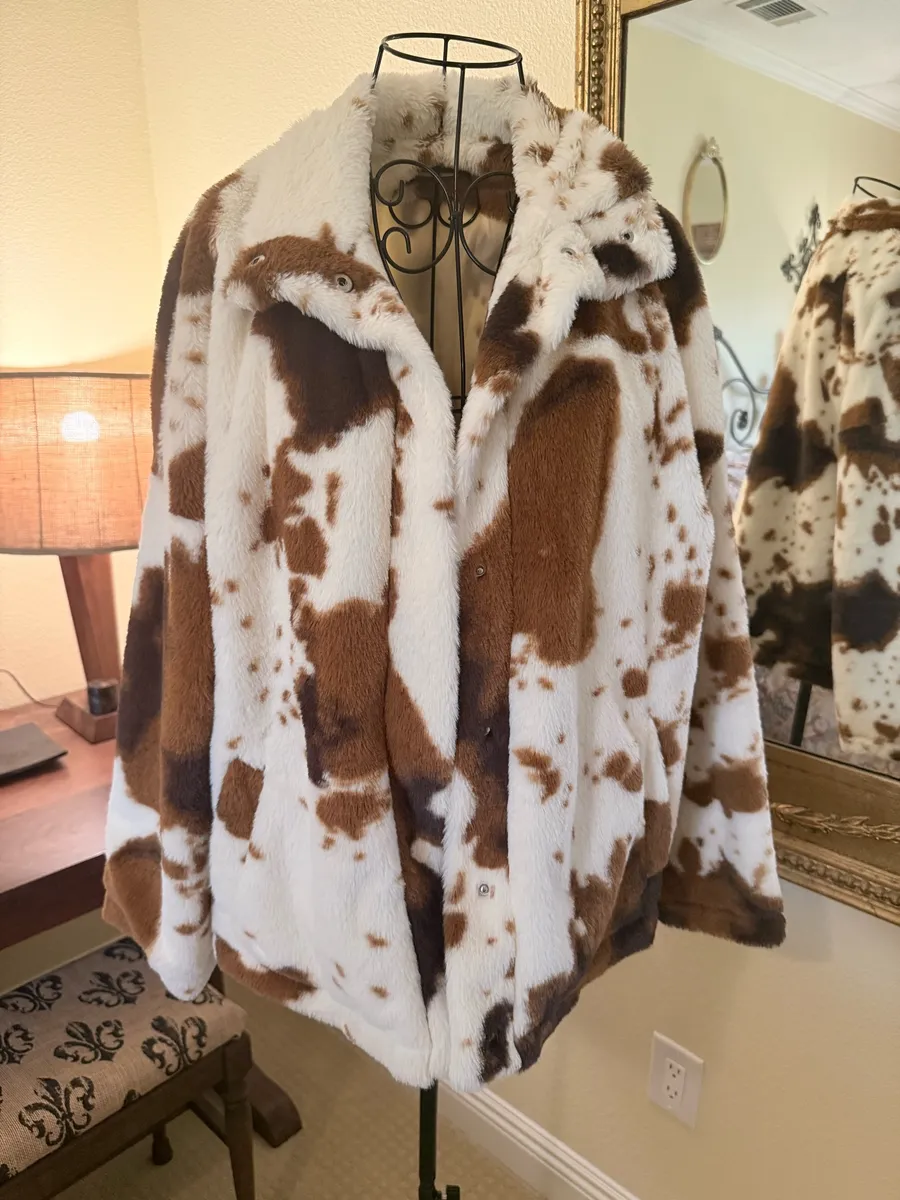 Faux Fur Cow Print Jacket White & Brown