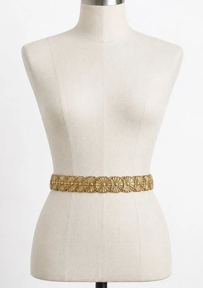 Vintage Gold Tone Floral Medallion Stretch Link Belt 28” - 34” Boho Retro